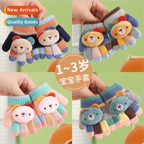Autumn winter baby warm knted five-finger gloves cute colorf