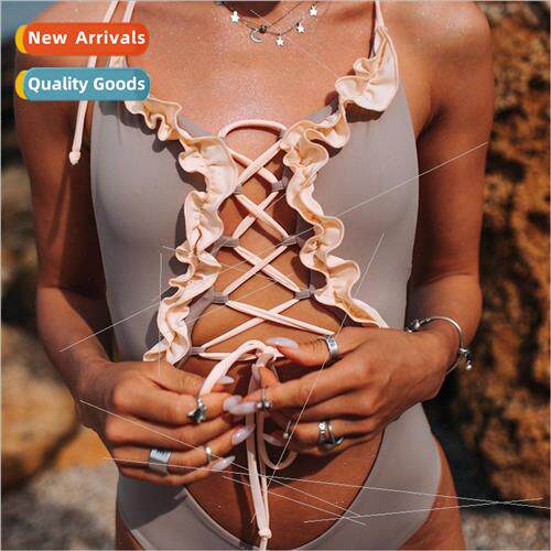Europe swimsu one-piece bikini solid color lace tie hollow b