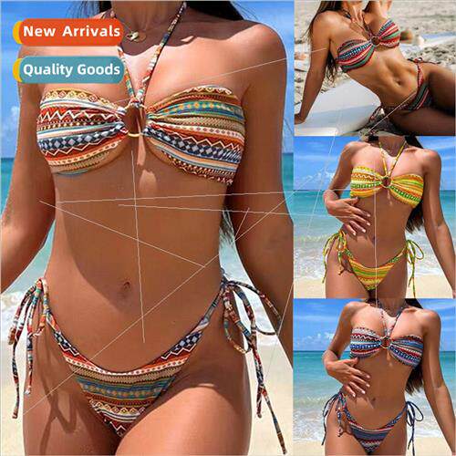 2024 New Europe Swimwear Geometric Print Hanging Neck Womens
