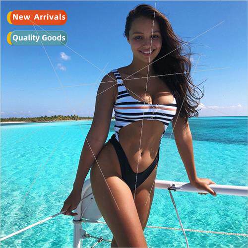 New striped one-piece swimsu women Europei swimsu  sexy back