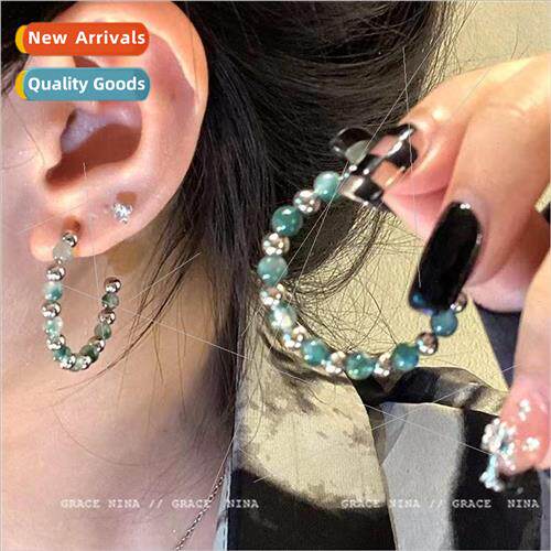 Jade beaded silver needle earrings female 2023 new earrings
