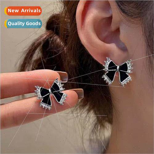 925 silver pin earrings female simple niche ins black bow ea