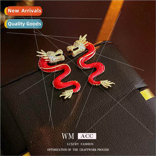 silver pin zirconia red oil drop dragon earrings vintage ear