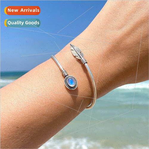 Europe grid retro Thai silver moonstone feather bracelet fas