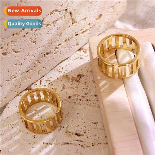 French ins cold nd hollow opening geometric ring tanium stee