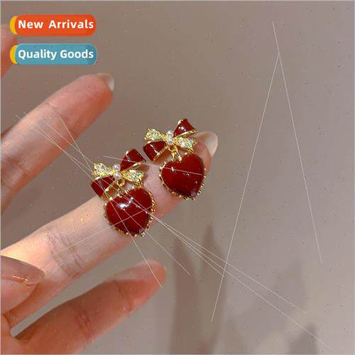 925 silver pin zirconia pearl bow heart earrings niche ins e