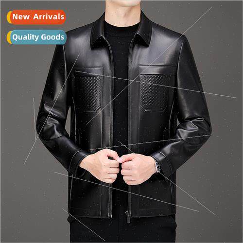 Fashion middle-aged leather jacket men coat lapel pure color