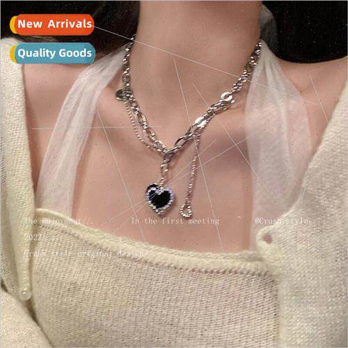 Zirconia black love heart patchwork necklace female niche co