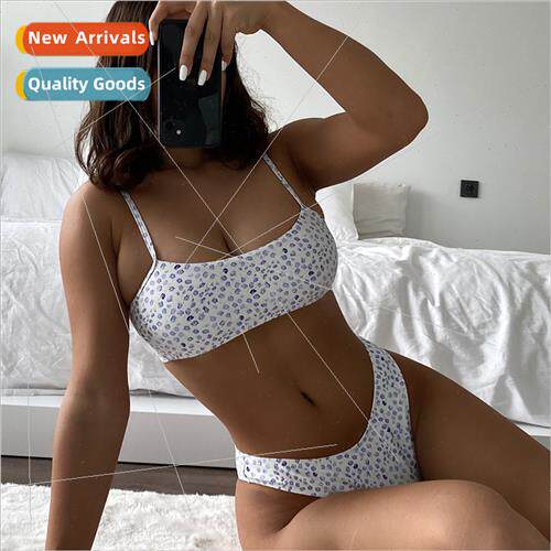 2021Europe new blue small flower print U-shaped high waist s