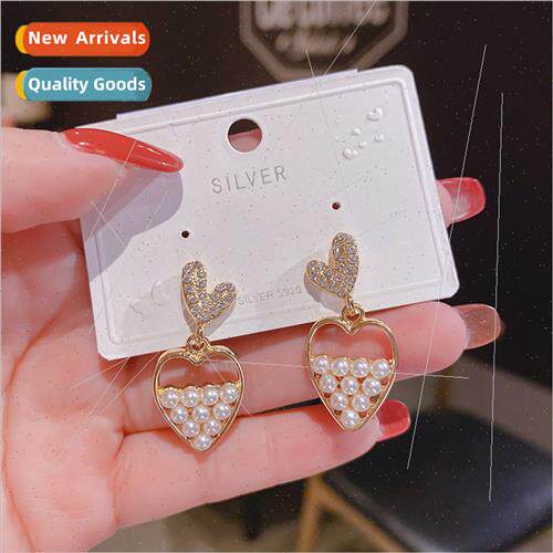 S925 silver pin pearl full diamond peach heart new earrings
