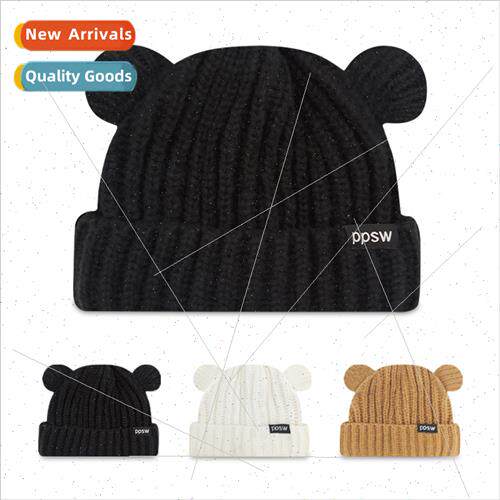 2023 new bear knted cap female winter straight bar thickened