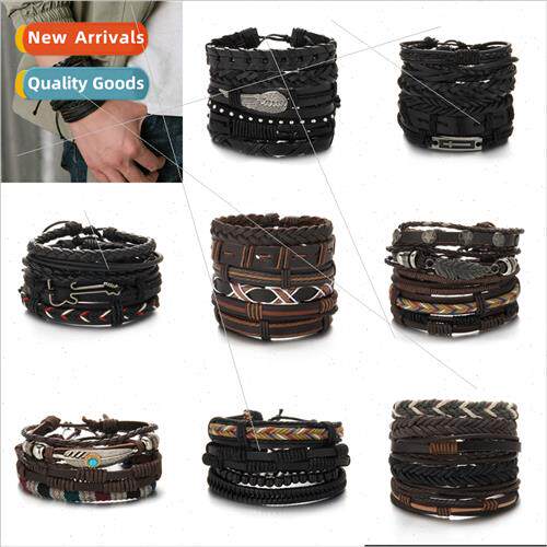 Hand-Woven Men Twisted Cross Bracelet Leather Combo Bracelet