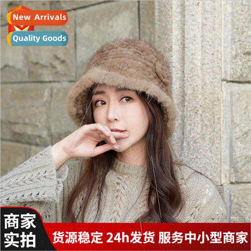 Mink fur knted hat female winter warm ear protection Korea