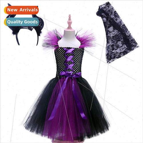 Europe Mesh Princess Dress Black Purple Patchwork Girls Ponc