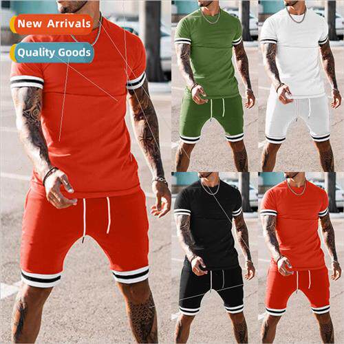 2023 New  Men Summer Patchwork Short Sleeve Shorts Set Athle