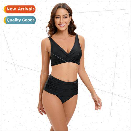 Two-piece set of large size solid color high waist bikini sh