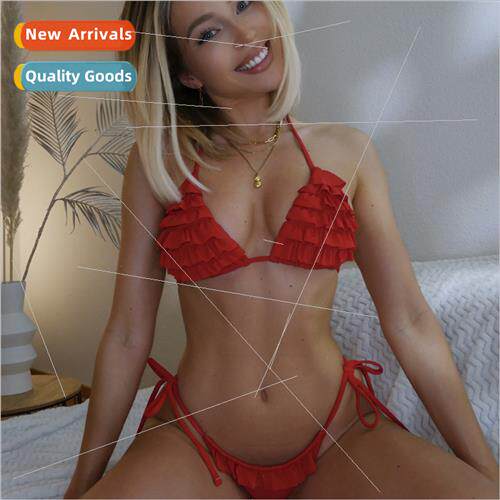 2021Europe new red triangle cups wrinkled ruffle straps sexy
