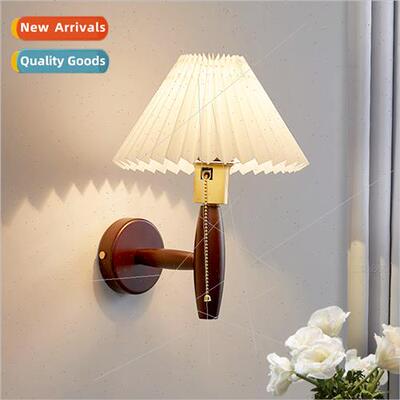 Walnut pleated pull cord wall lamp bedroom study decorative