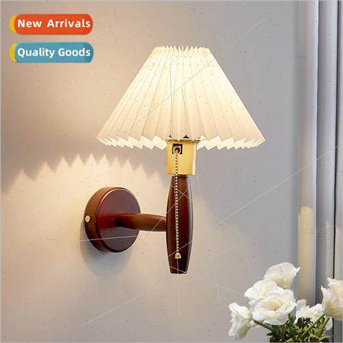 Walnut pleated pull cord wall lamp bedroom study decorative