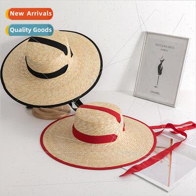 flat top straw hat wrapped flap fluttering whe collar French