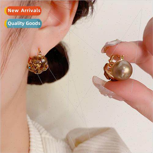 Vintage curry zirconia pearl double-sided earrings buckle fa