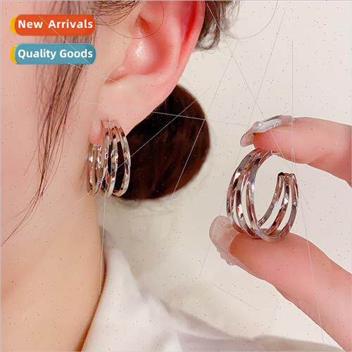 Minimalist C-shaped circle three-layer earrings s925 silver