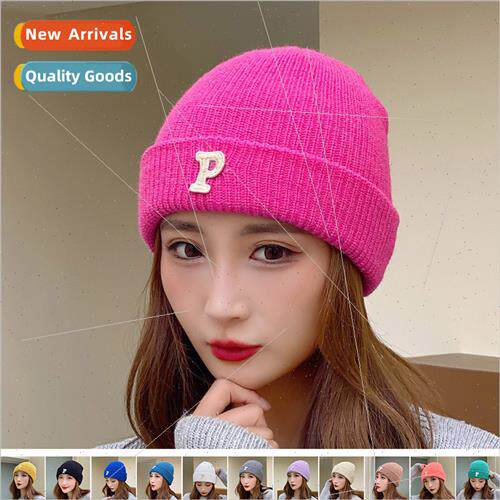 p letter hat female fall winter versatile ins knted cap wrap