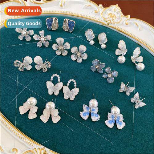 lver pin blue crystal flower pearl earrings delicate earring