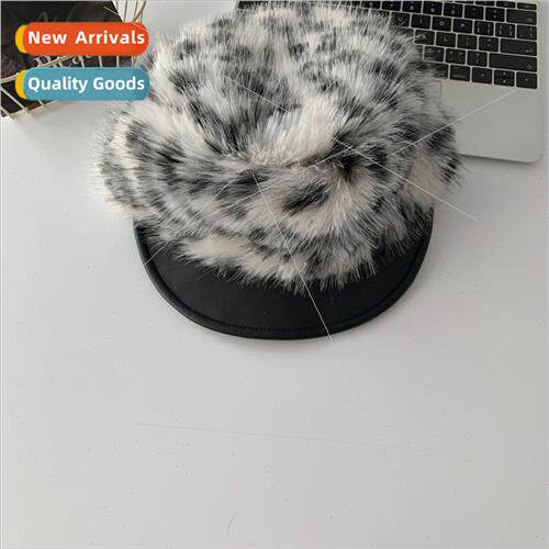 Black whe leopard print leather brim plush octagonal hat chi
