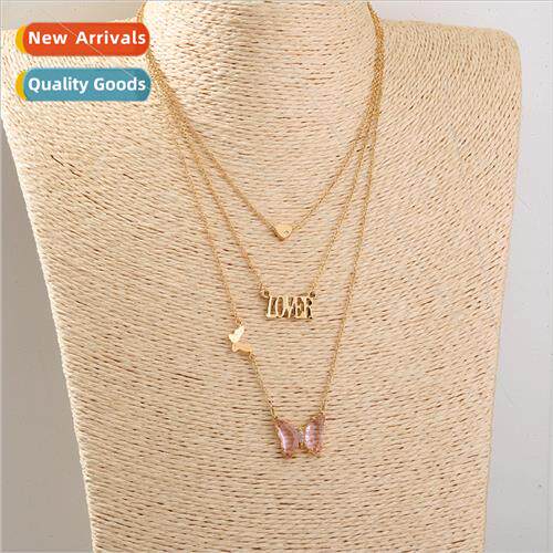Europe new fashion simple pink butterfly letters multi-layer