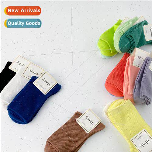2021 new summer solid color thin rainbow double needle socks