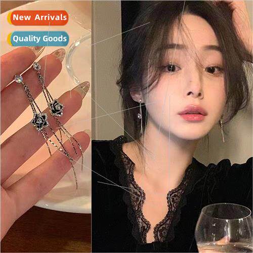 Black camellia star tassel earrings women niche premium earr