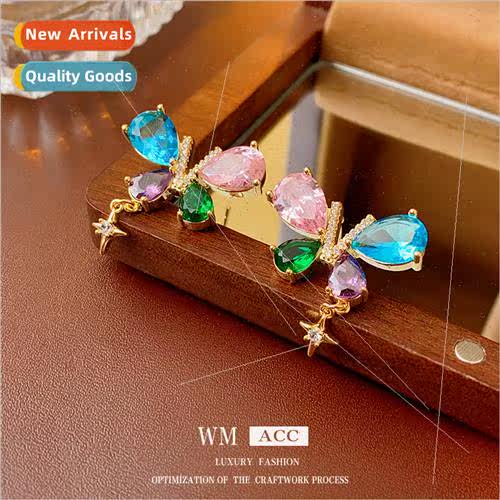 lver-plated needle zirconia colorful butterfly earrings smal