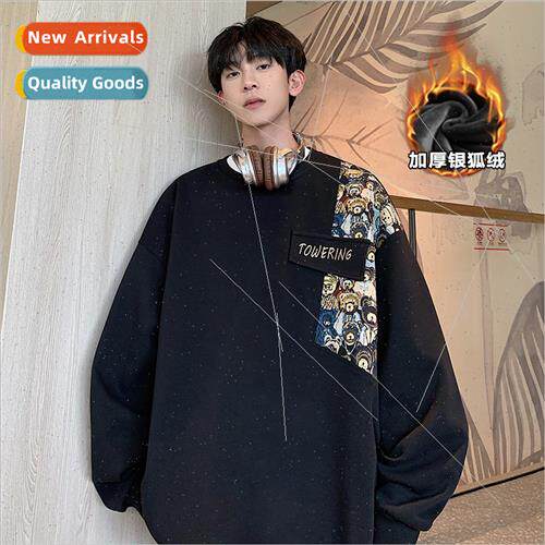 embroidery bear splicing round neck wh nd boys sweater print
