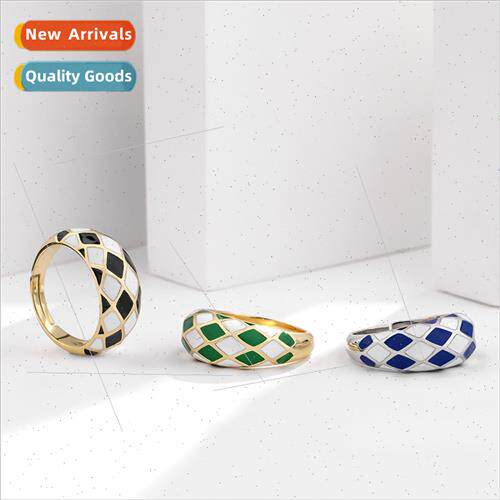 925 silver checkerboard ring niche Europe ins retro fashion