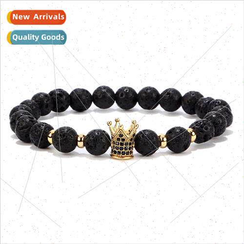 Copper microzircon CZ Crown 8 mm lava stone pendant bracelet