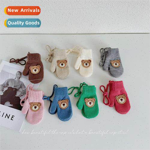 Bear wrapped finger wool gloves autumn winter solid color wh