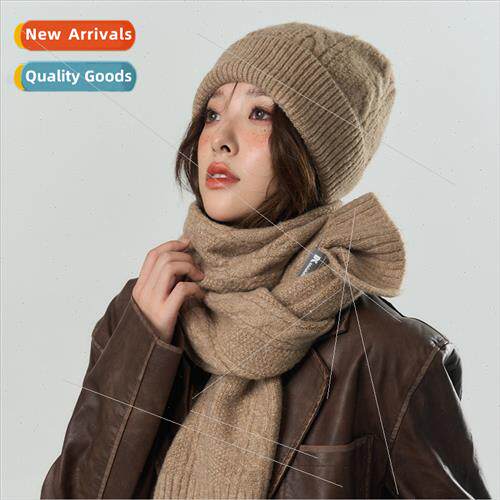 Autumn winter wool blend solid color warm knted cap scarf Ko
