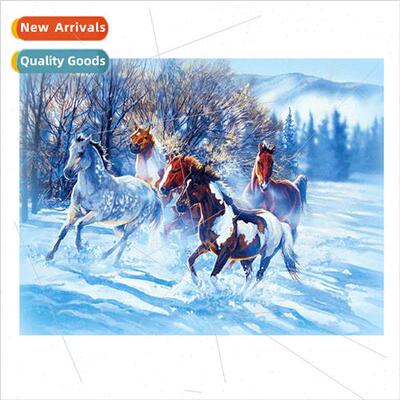New  handmade full embroidery simple snow five horses living