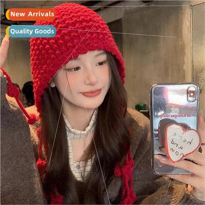 Handmade hook line ball ball red wool knted hat female autum