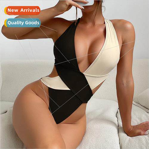 2023 new splicing cross high waist one-piece swimsu Europe s