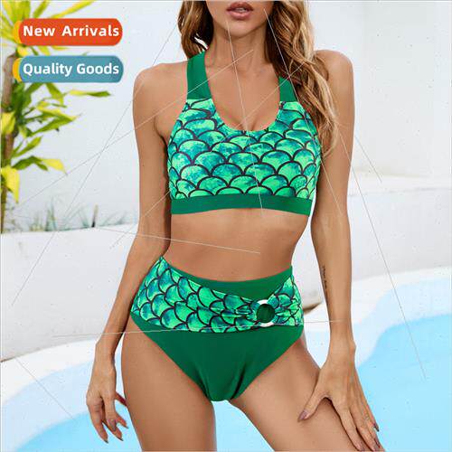 2022 New Europe Bikini Womens Spl Swimsu High Waist Fish Sca