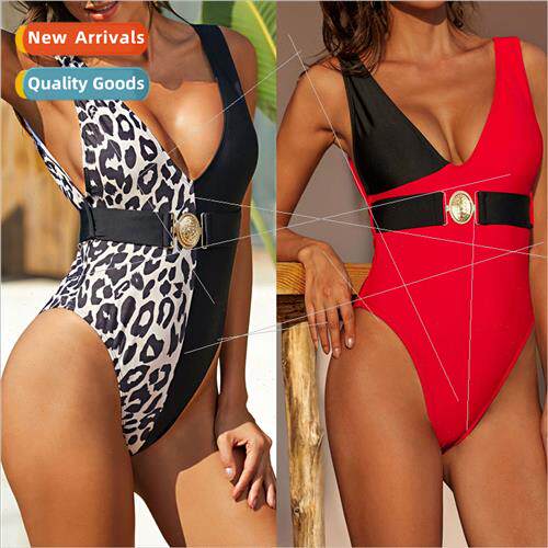 Womens Swimsu Leopard Print Patchwork Metal Button Bikini i2