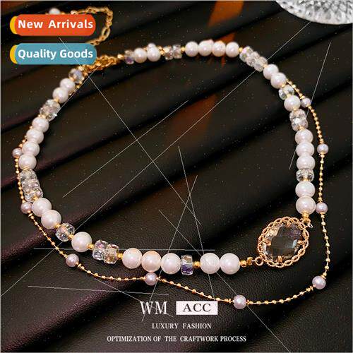 Square oval crystal pearl double layer necklace fashion coll