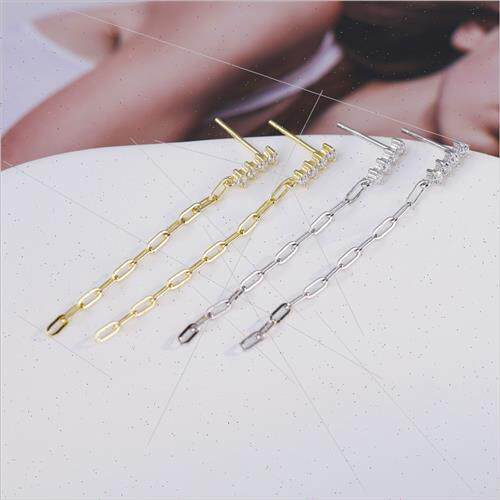 S925 silver plated zirconia chain tassel earrings simple ver