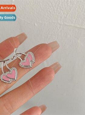 Pink cherry love silver needle earrings small simple peach h