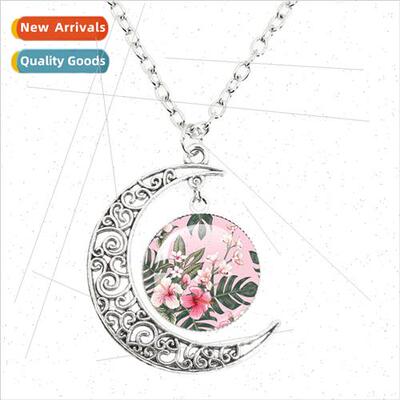 New Grass Flower Plant Painted Dome Glass Pendant Moon Neckl