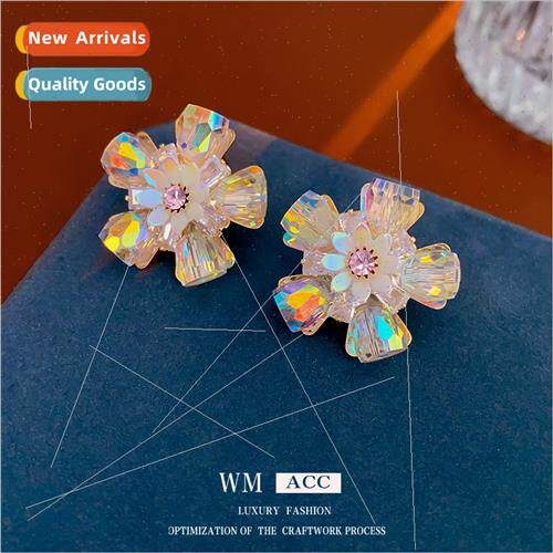 silver needle zirconia flower crystal earrings simple earrin
