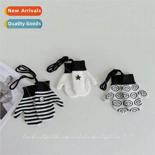 Black whe striped children woolen gloves smiley face star ha