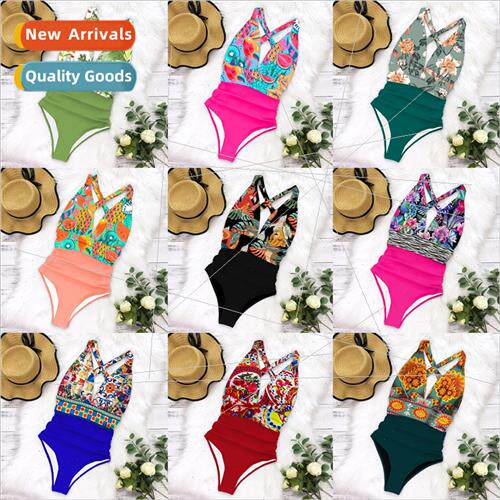2023 New Striped Printed Europe Sexy Triangle Style One-piec